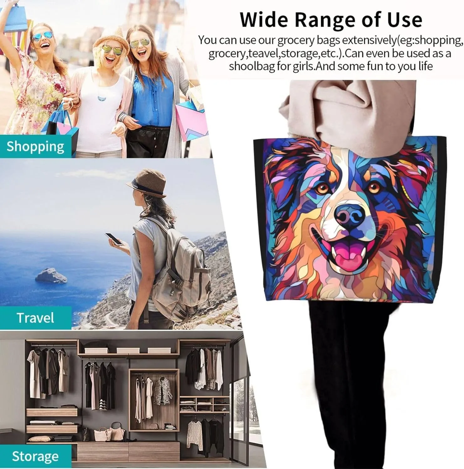 Dog Breed Glass Art Women Shoulder Handbags Reusable Large Capacity Casual Tote Bag
