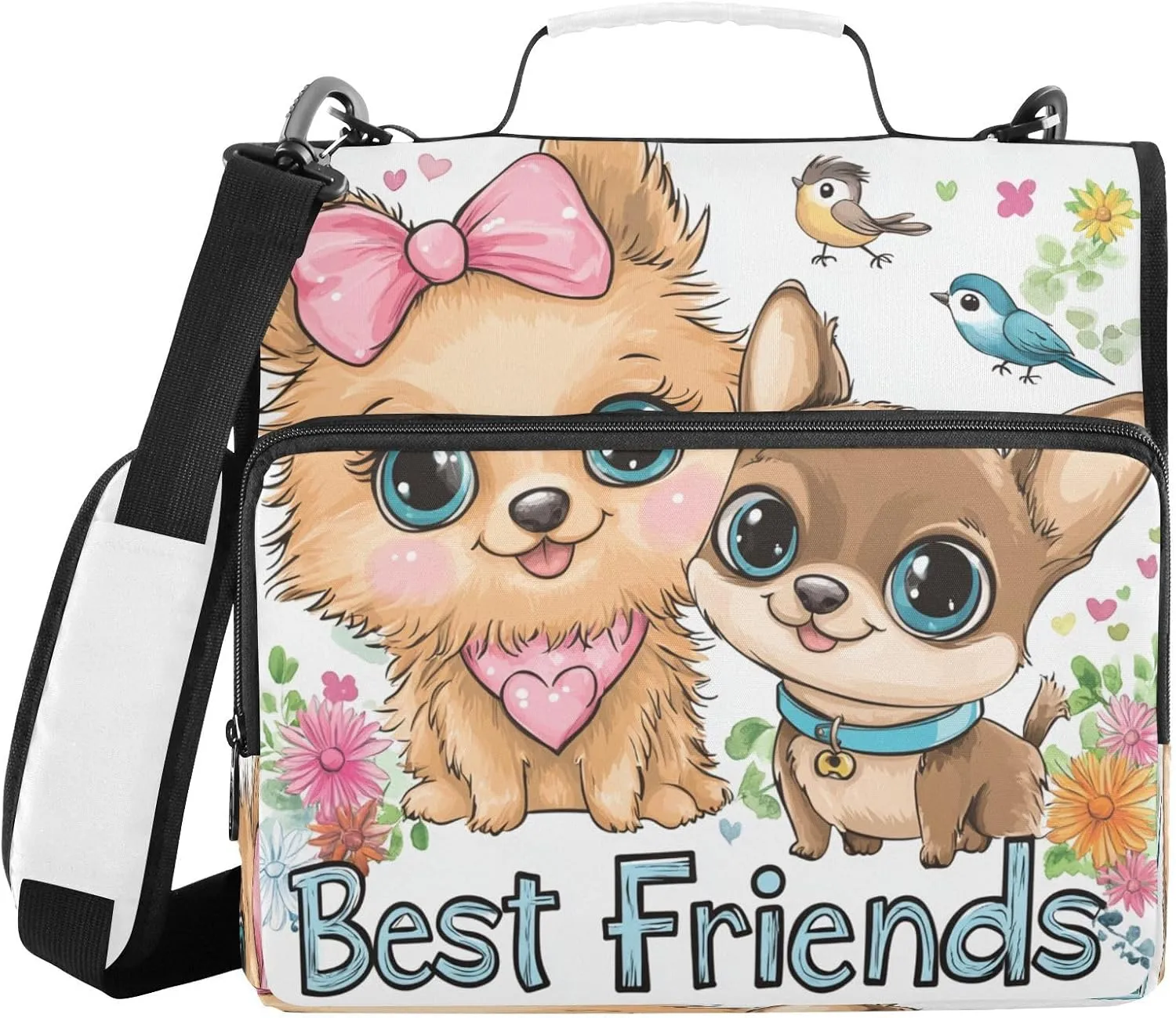 Dogs Birds White 3 Ring Zipper Binder with Shoulder Strap Portfolio Binder Bag for Work Business School Document Storage