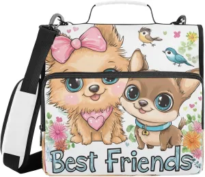 Dogs Birds White 3 Ring Zipper Binder with Shoulder Strap Portfolio Binder Bag for Work Business School Document Storage