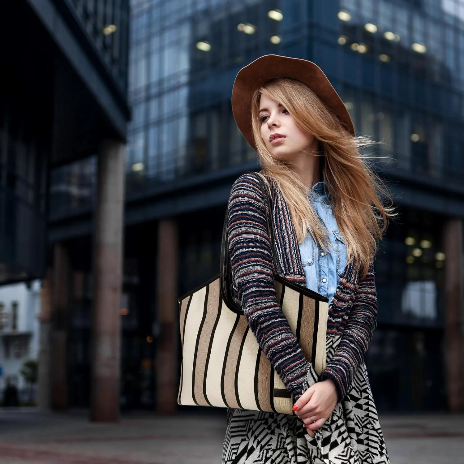 DOMAT Tote Bag For Women, Striped Beach Bag, Reusable Grocery Bag,Satchel Bag, Unique Shoulder Bag, Trendy Hobo Bag