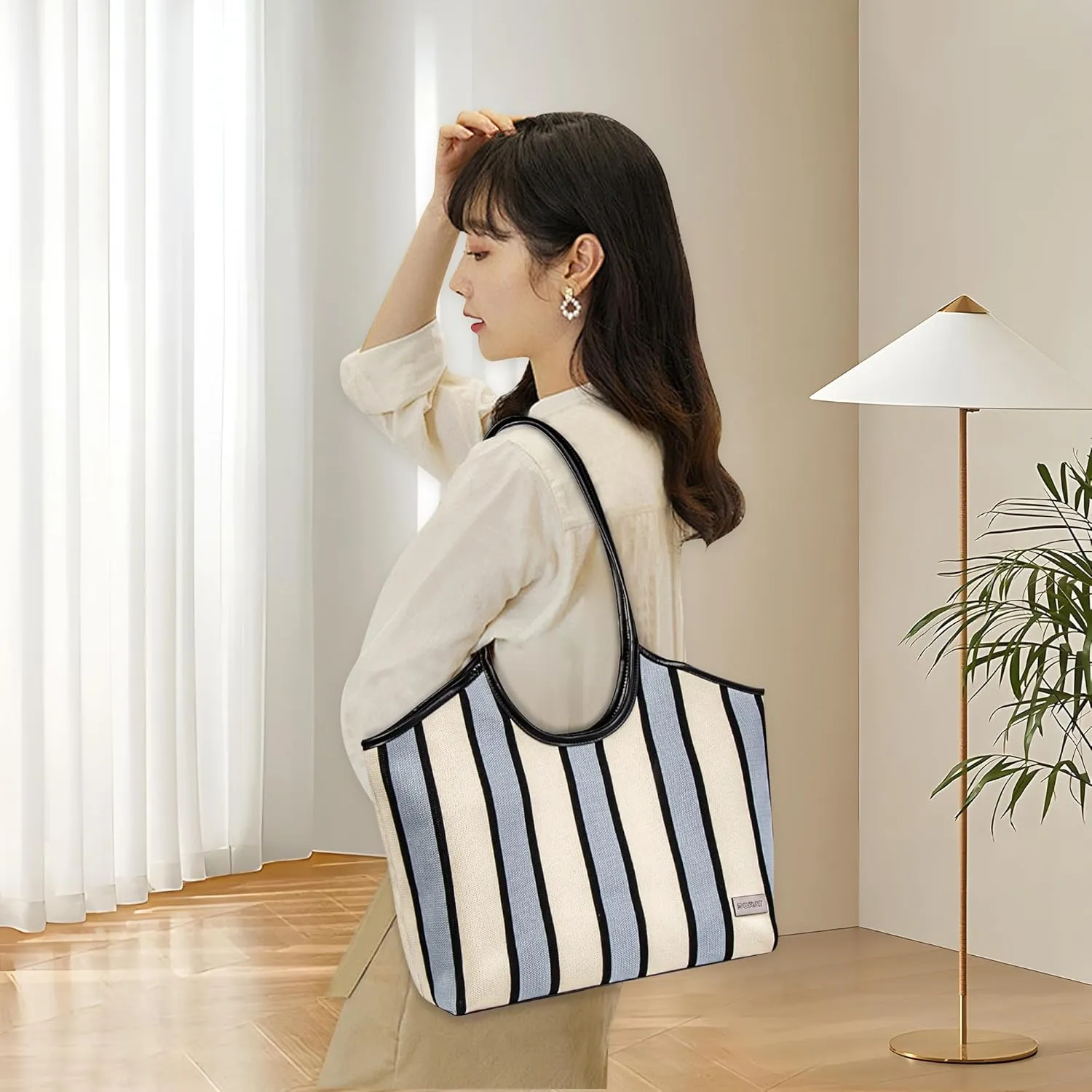 DOMAT Tote Bag For Women, Striped Beach Bag, Reusable Grocery Bag,Satchel Bag, Unique Shoulder Bag, Trendy Hobo Bag