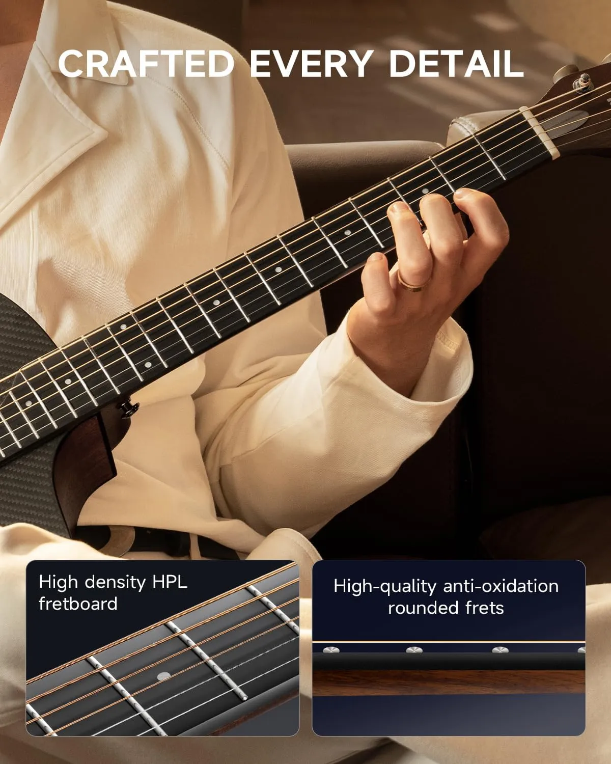 Donner Carbon X Wood Acoustic Guitar Beginner & Intermediate Learner Kits - Carbon Fiber Top, Wooden Back & Sides, 38" Travel Guitar with Case, Strap, Steel-String, RISING-G1 (Gloss, Brown)