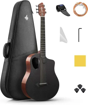 Donner Carbon X Wood Acoustic Guitar Beginner & Intermediate Learner Kits - Carbon Fiber Top, Wooden Back & Sides, 38" Travel Guitar with Case, Strap, Steel-String, RISING-G1 (Gloss, Brown)