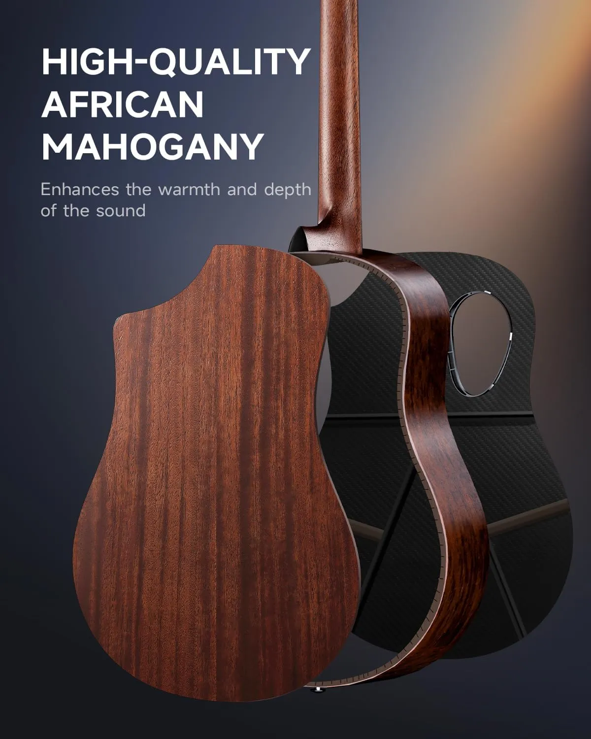 Donner Carbon X Wood Acoustic Guitar Beginner & Intermediate Learner Kits - Carbon Fiber Top, Wooden Back & Sides, 38" Travel Guitar with Case, Strap, Steel-String, RISING-G1 (Gloss, Brown)