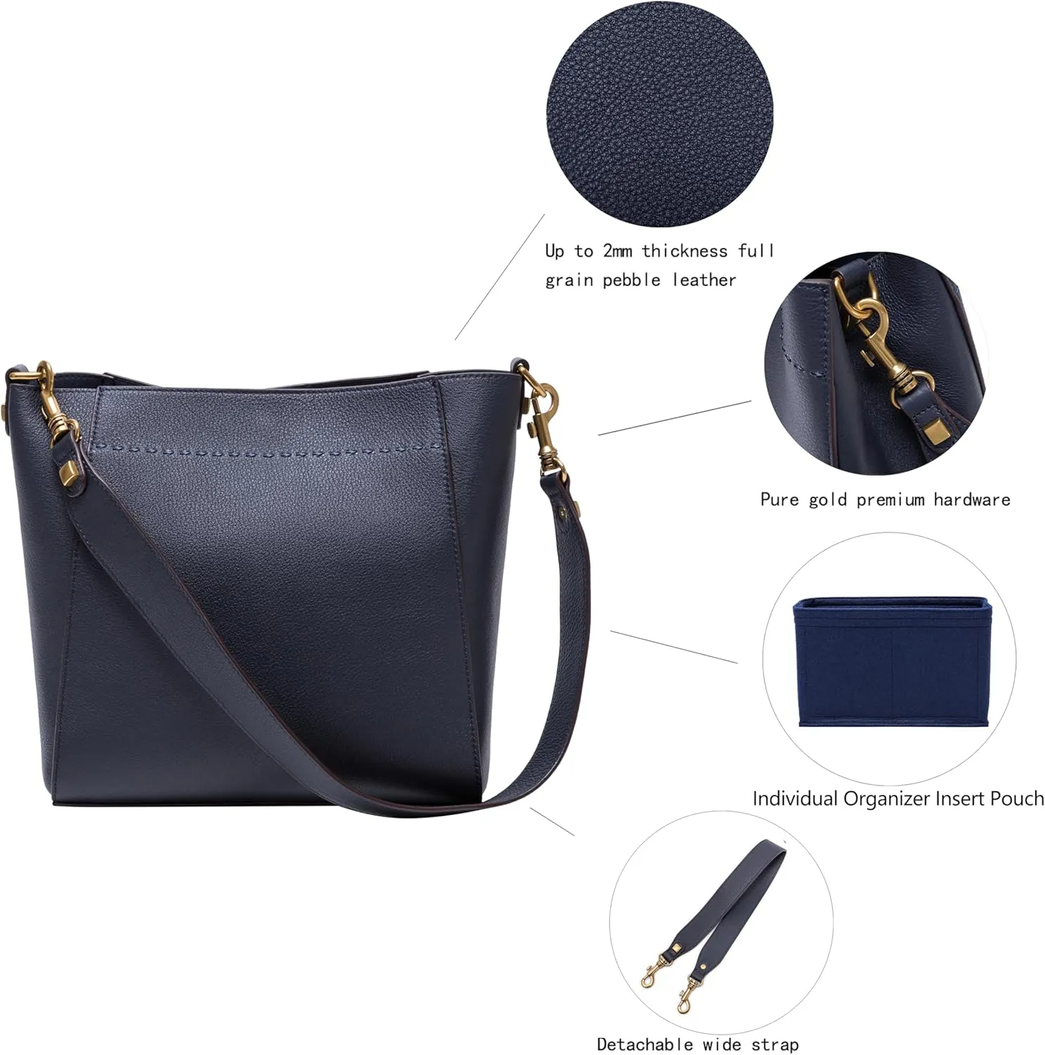 DORIS&JACKY Leather Bucket Tote Bags for Women Designer Shoulder Hobo Purse and Handbags with Detachable Wide Strap