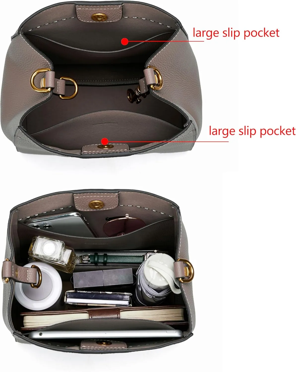 DORIS&JACKY Leather Bucket Tote Bags for Women Designer Shoulder Hobo Purse and Handbags with Detachable Wide Strap