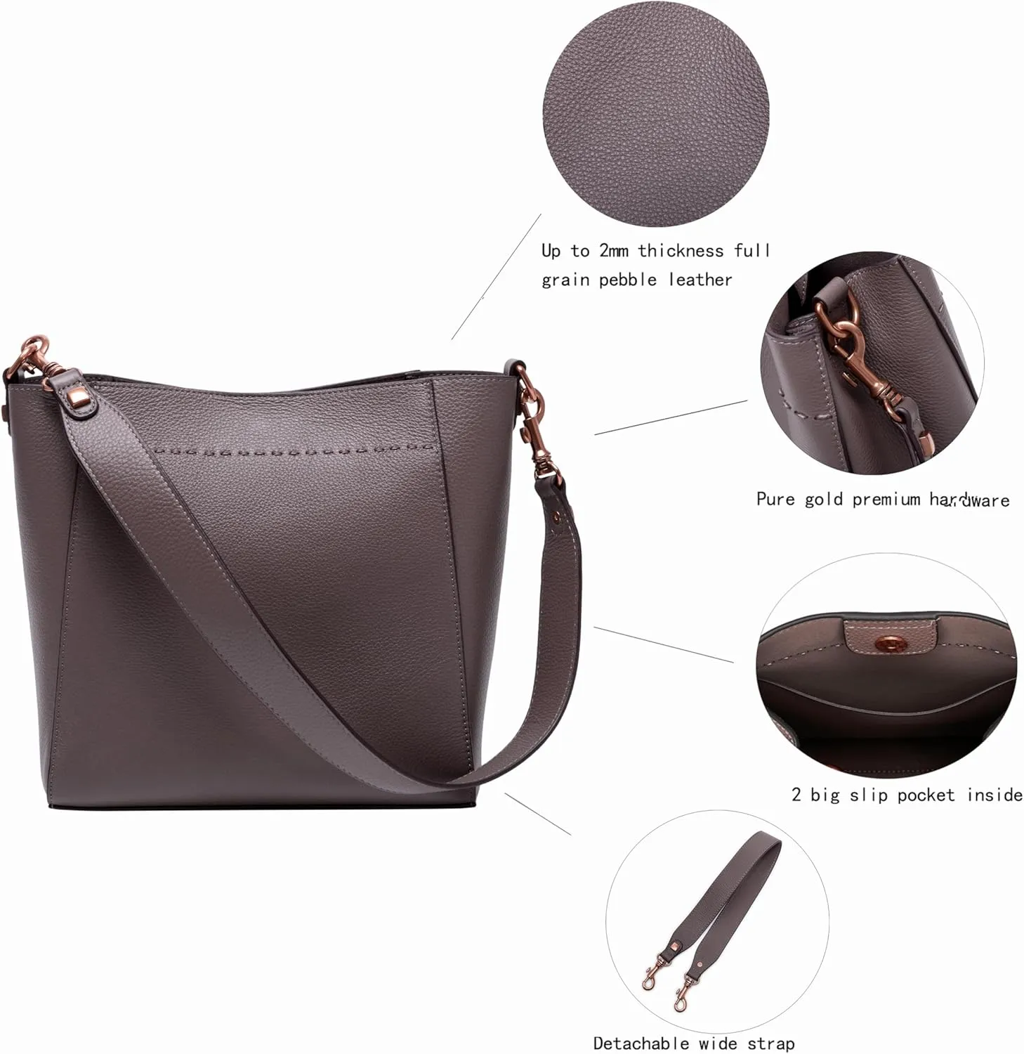 DORIS&JACKY Leather Bucket Tote Bags for Women Designer Shoulder Hobo Purse and Handbags with Detachable Wide Strap