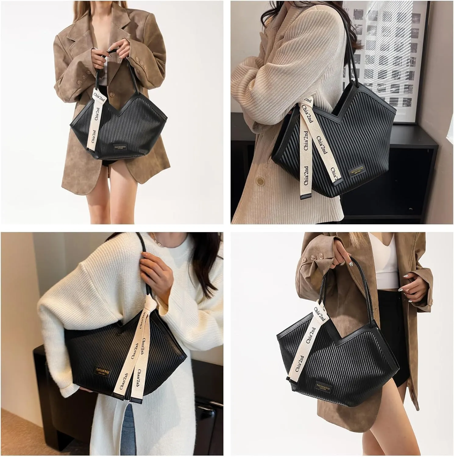DOTBABY Heart Shaped Handbag, Fashionable Versatile Zippered Leather Shoulder Bag, Comfortable Hand Striped Tote Bags