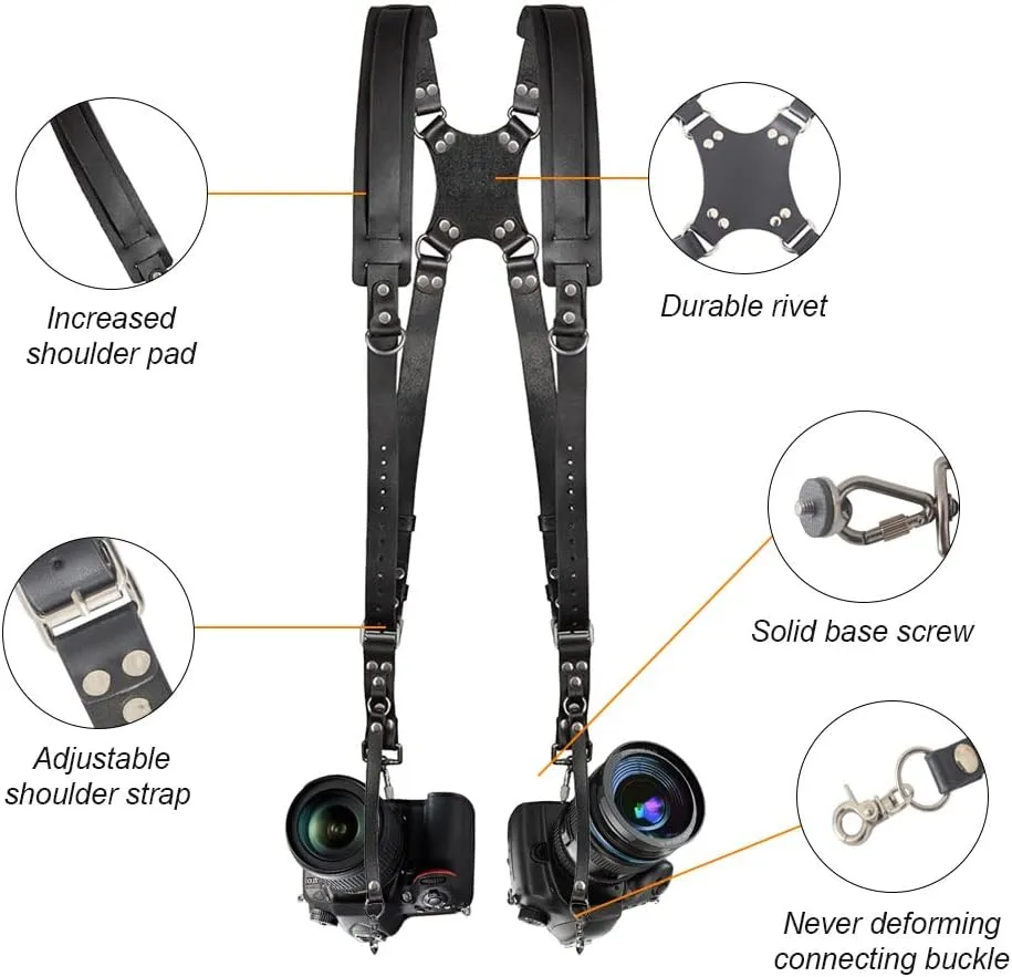 Double Camera Harness, Adjustable Camera Straps for Photographers, Dual Camera Strap Accessories for 2 Cameras (Black)