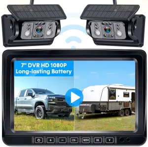 Dual RV Wireless Backup Camera for Trailer: Easy Setup Solar RV Rear View Camera with 7-inch Recording Monitor - 4 Channels Strong Magnetic HD 1080P Long-Battery Life for Camper, Truck, Fifth Wheel