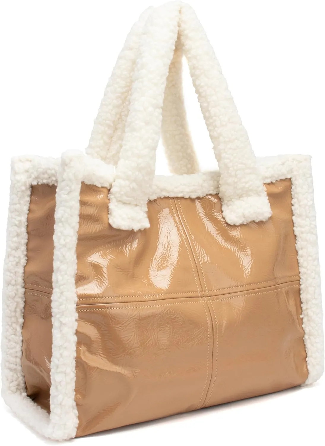 DUBELlE Faux Fur Tote Bag for Women PU Leather Shearling Purse Large Handbag with Furry Top-handle Fluffy Sherpa Shoulder Bag