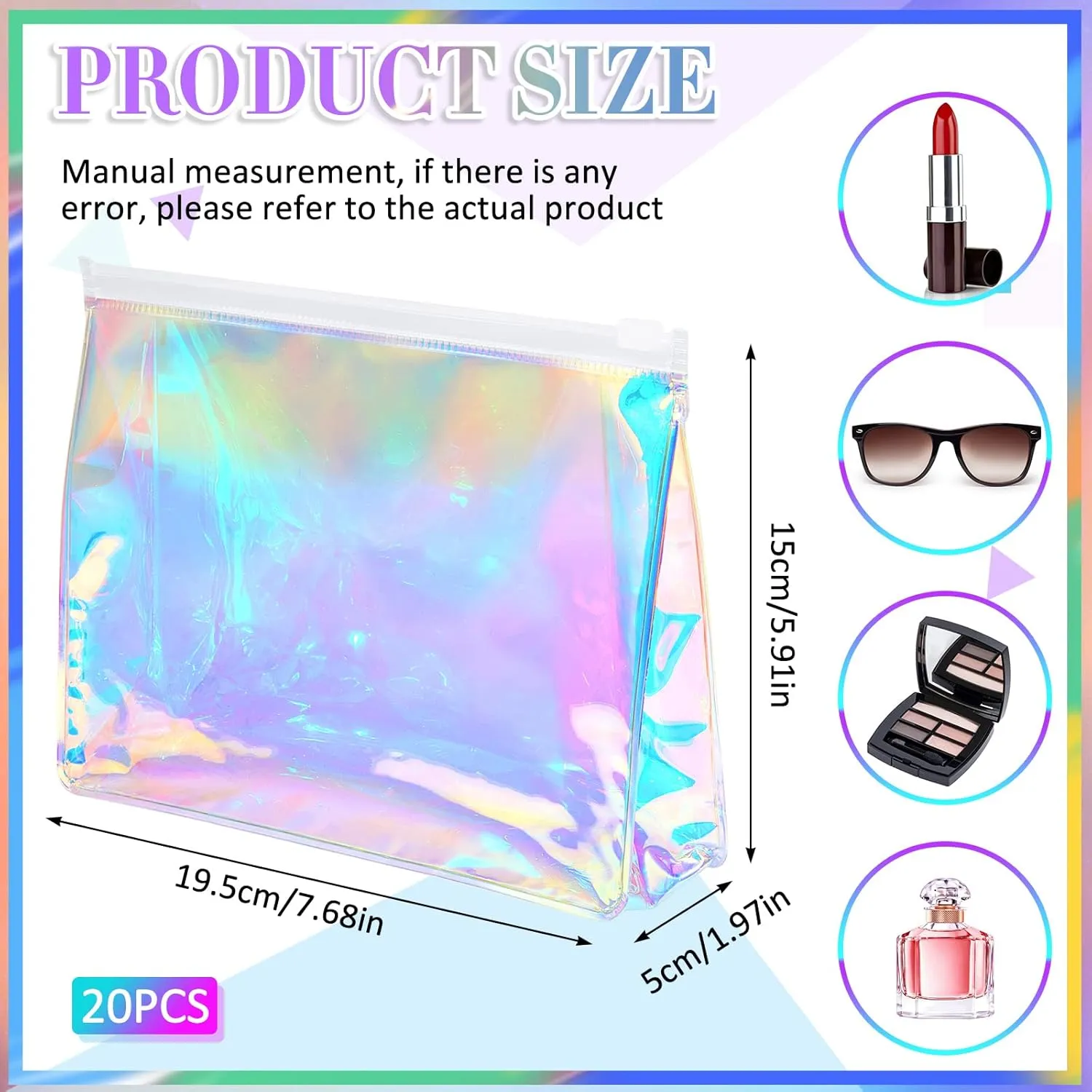 Dunzy Holographic Makeup Bag Bulk, Clear Iridescent Cosmetic Bag Portable Waterproof PVC Makeup Pouch Zippered Toiletry Bag Employee Appreciation Gifts for Teacher Women Travel(20 Pieces)