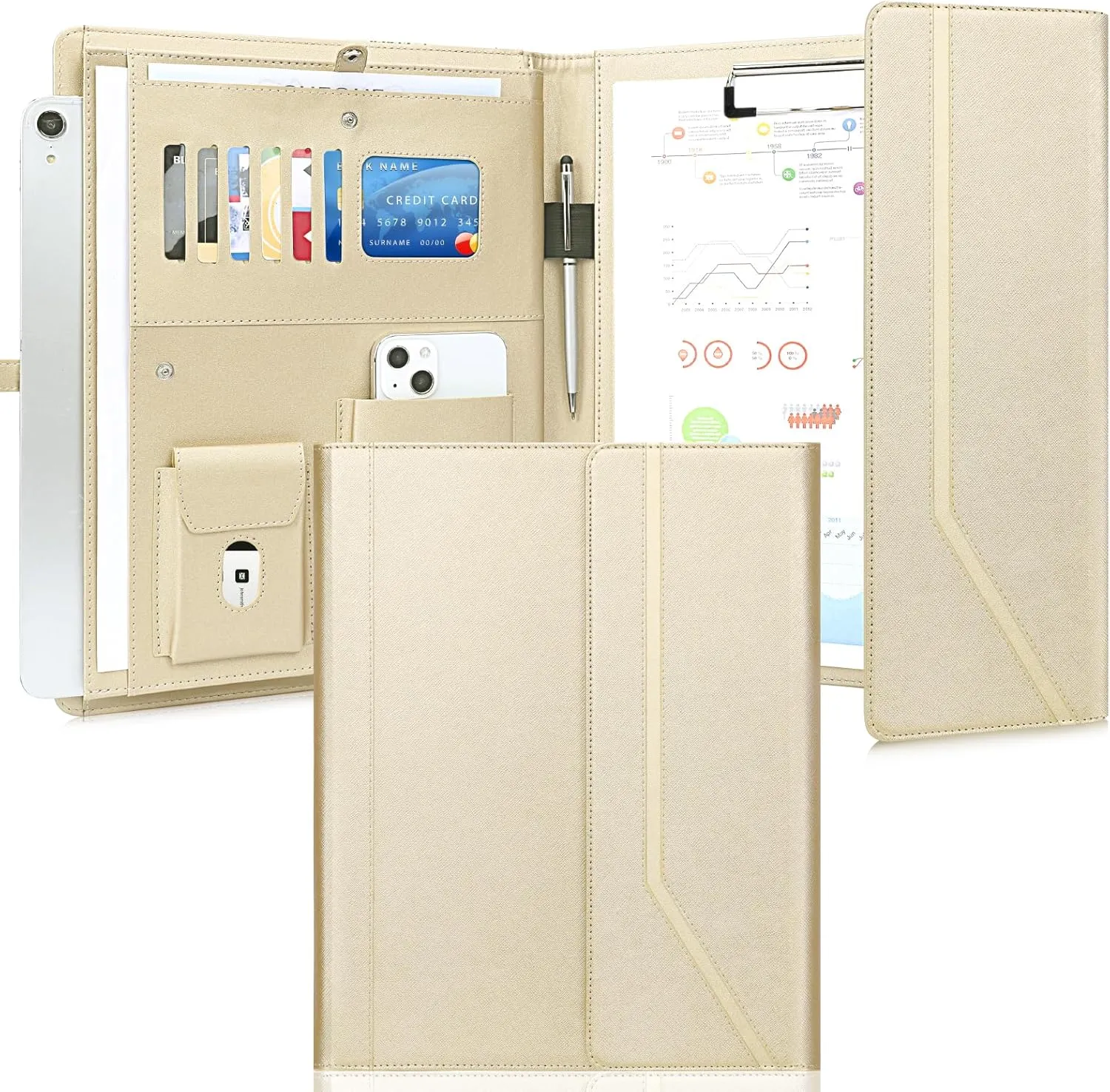 During Portfolio Binder Padfolio Folder,Cross Grain Faux Leather Business Portfolio Folder for Women A4 / Letter Size Padfolio Organizer Case for Conference Meeting Interview,Gold