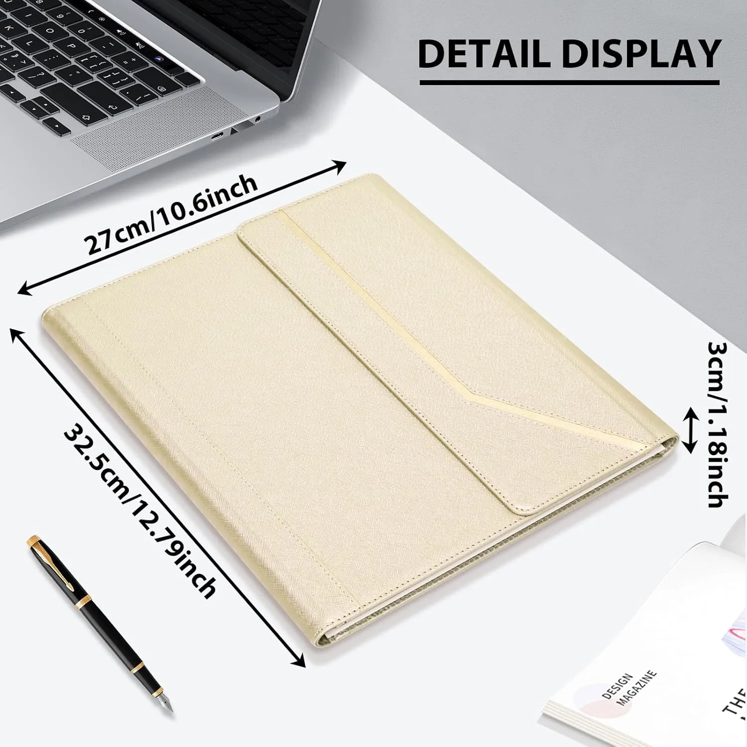 During Portfolio Binder Padfolio Folder,Cross Grain Faux Leather Business Portfolio Folder for Women A4 / Letter Size Padfolio Organizer Case for Conference Meeting Interview,Gold