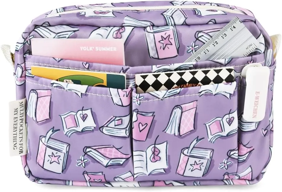 E-WEICHEN Multiple Pockets Portfolio Organizer with Zippered, Makeup Bag Travel Essentials for Women, Simple Waterproof Stationery Pencil Pouch Bag for Journal Office Art Supplies.Purple Magic Book