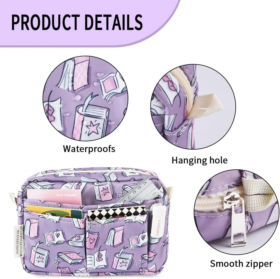 E-WEICHEN Multiple Pockets Portfolio Organizer with Zippered, Makeup Bag Travel Essentials for Women, Simple Waterproof Stationery Pencil Pouch Bag for Journal Office Art Supplies.Purple Magic Book