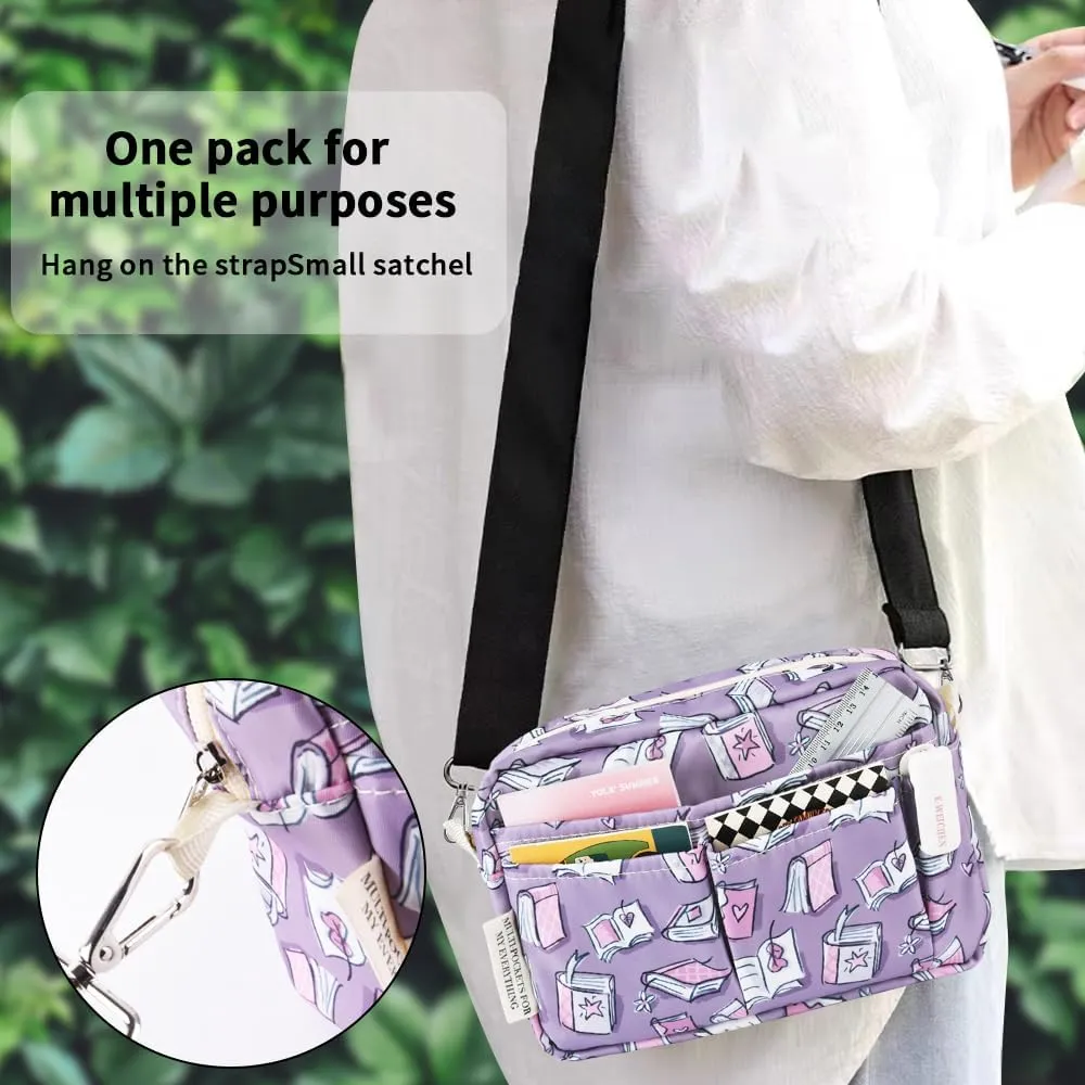 E-WEICHEN Multiple Pockets Portfolio Organizer with Zippered, Makeup Bag Travel Essentials for Women, Simple Waterproof Stationery Pencil Pouch Bag for Journal Office Art Supplies.Purple Magic Book