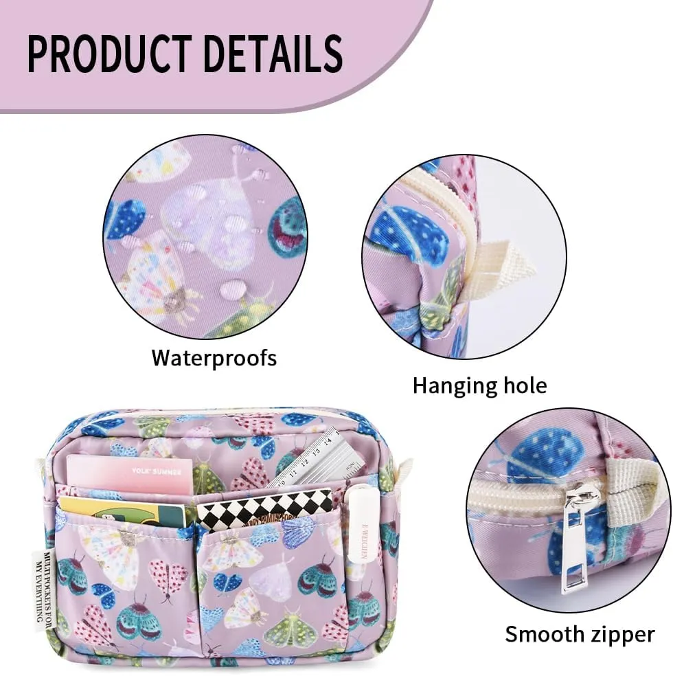E-WEICHEN Multiple Pockets Portfolio Organizer with Zippered, Makeup Bag Travel Essentials for Women, Simple Waterproof Stationery Pencil Pouch Bag for Journal Office Art Supplies.Purple Moth