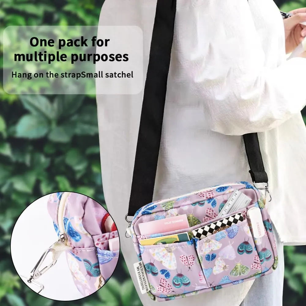 E-WEICHEN Multiple Pockets Portfolio Organizer with Zippered, Makeup Bag Travel Essentials for Women, Simple Waterproof Stationery Pencil Pouch Bag for Journal Office Art Supplies.Purple Moth