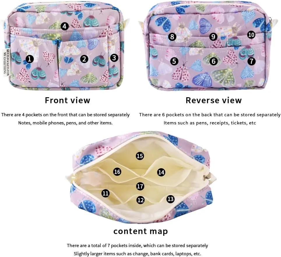 E-WEICHEN Multiple Pockets Portfolio Organizer with Zippered, Makeup Bag Travel Essentials for Women, Simple Waterproof Stationery Pencil Pouch Bag for Journal Office Art Supplies.Purple Moth