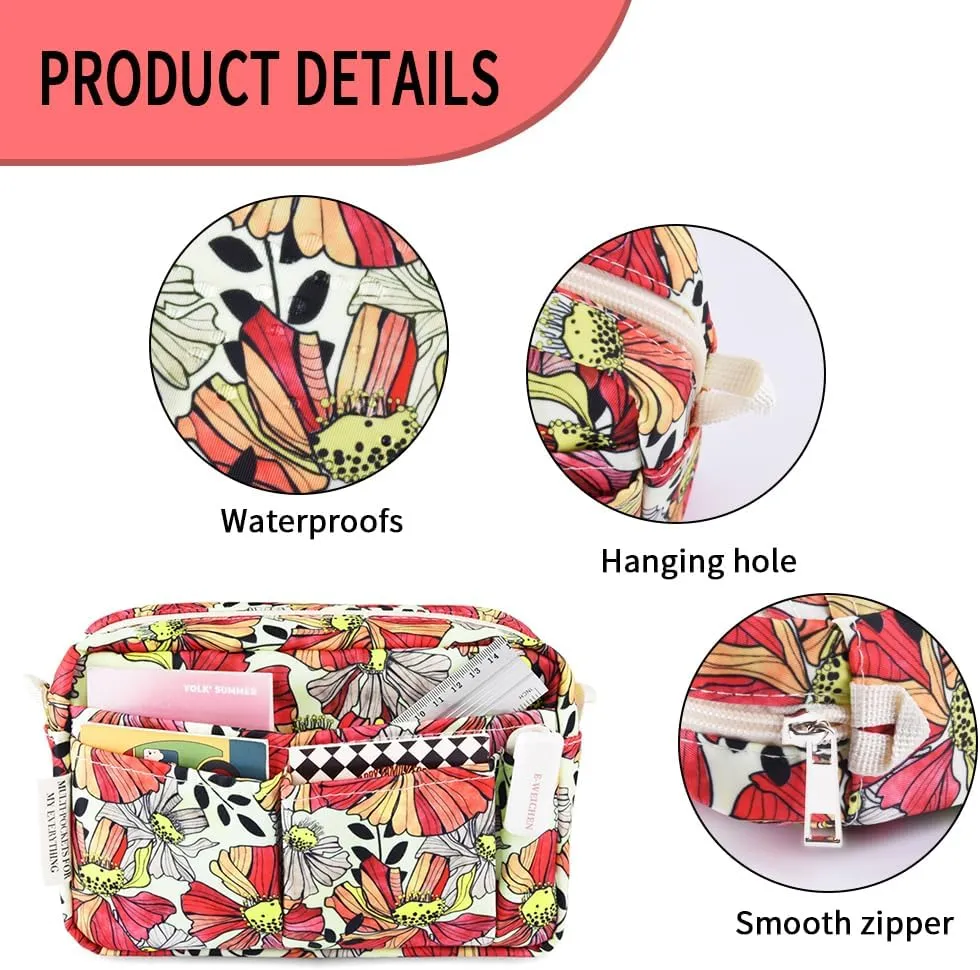 E-WEICHEN Multiple Pockets Portfolio Organizer with Zippered, Makeup Bag Travel Essentials for Women, Simple Waterproof Stationery Pencil Pouch Bag for Journal Office Art Supplies.Red Ink Flower