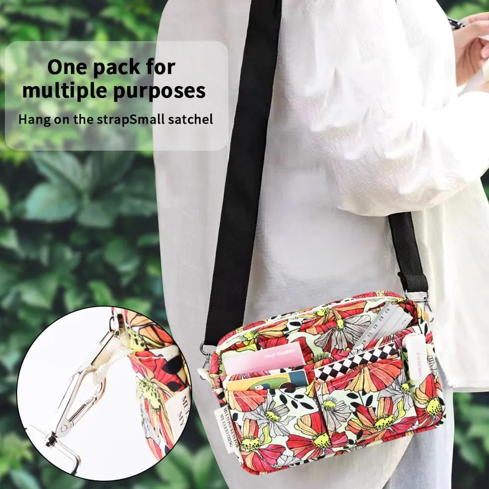 E-WEICHEN Multiple Pockets Portfolio Organizer with Zippered, Makeup Bag Travel Essentials for Women, Simple Waterproof Stationery Pencil Pouch Bag for Journal Office Art Supplies.Red Ink Flower