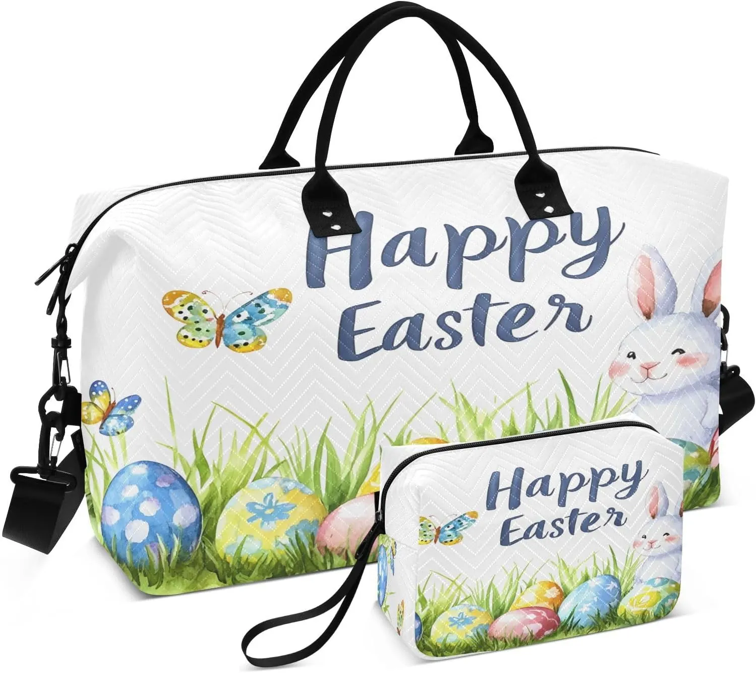 Easter Bunny and Egg Travel Duffel Bags 2PCS,Sports Duffel Bags for Men Women,Weekender Overnight Bag Gym Tote Bag with Toiletry Bag