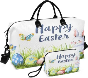 Easter Bunny and Egg Travel Duffel Bags 2PCS,Sports Duffel Bags for Men Women,Weekender Overnight Bag Gym Tote Bag with Toiletry Bag
