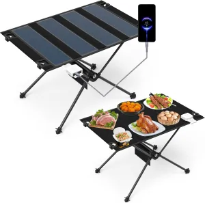ECOeshiner Solar Folding Table 28W, Camping Table - Solar Charging, Mesh Bag, Two USB Ports, Heat   Water   Splash Resistant, Solar Powered, Beach Table, Picnic Table, Outdoor Table
