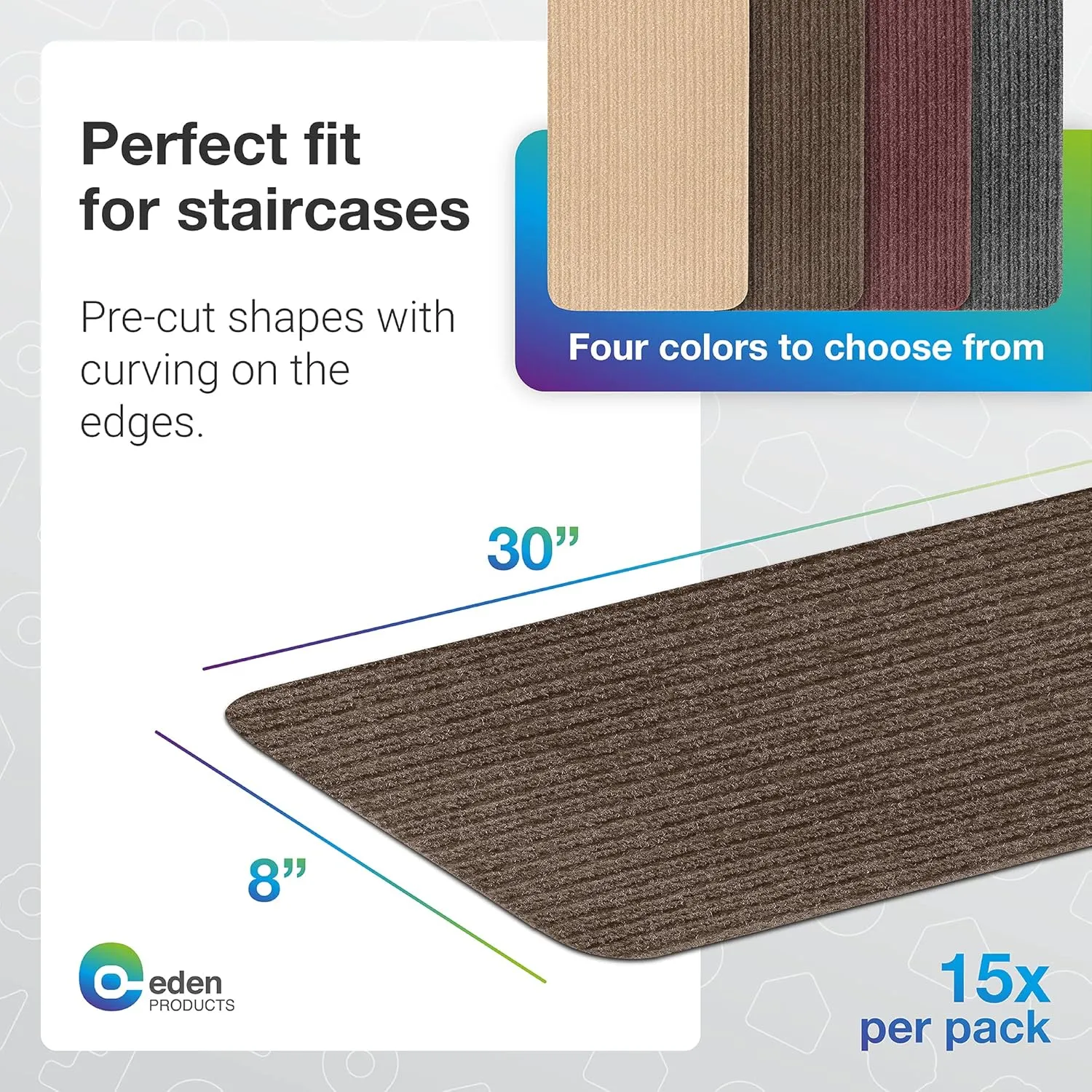 EdenProducts Non Slip Carpet Stair Treads for Wooden Steps [15pcs 8x30] - Slip Resistance Indoor Peel & Stick Stair Treads Non Slip - Carpet Runner Mats for Elders, Kids, Dogs, Staircase Step Rugs
