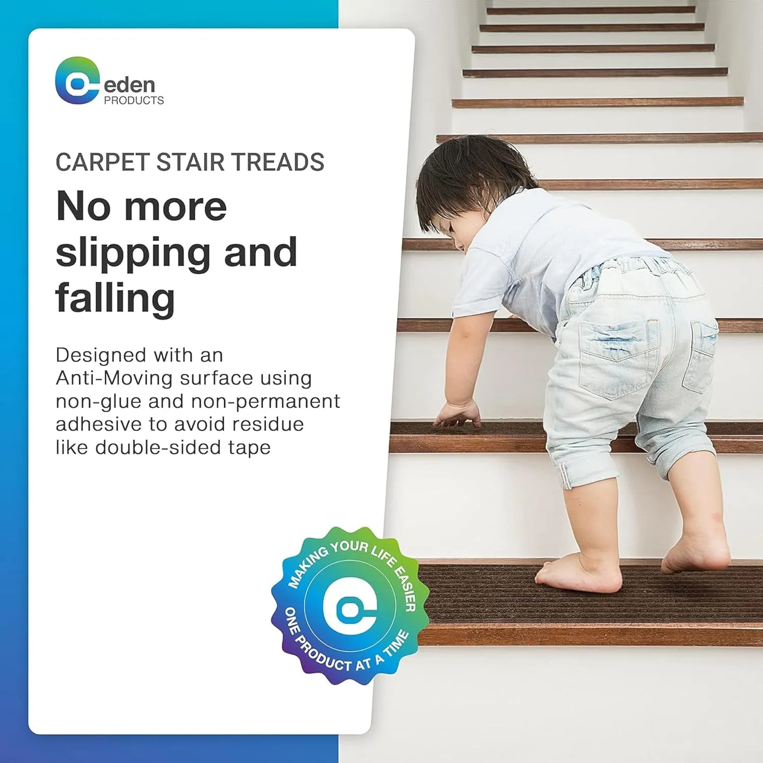 EdenProducts Non Slip Carpet Stair Treads for Wooden Steps [15pcs 8x30] - Slip Resistance Indoor Peel & Stick Stair Treads Non Slip - Carpet Runner Mats for Elders, Kids, Dogs, Staircase Step Rugs