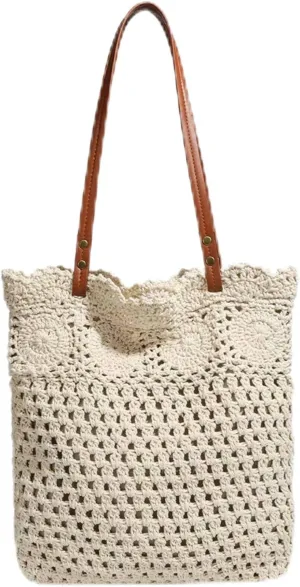Eiyye Crochet Tote Bag Handwoven Cotton Beach Shoulder Bag with Linen Lining Hobo Summer Vacation Purse for Women (Off-White)