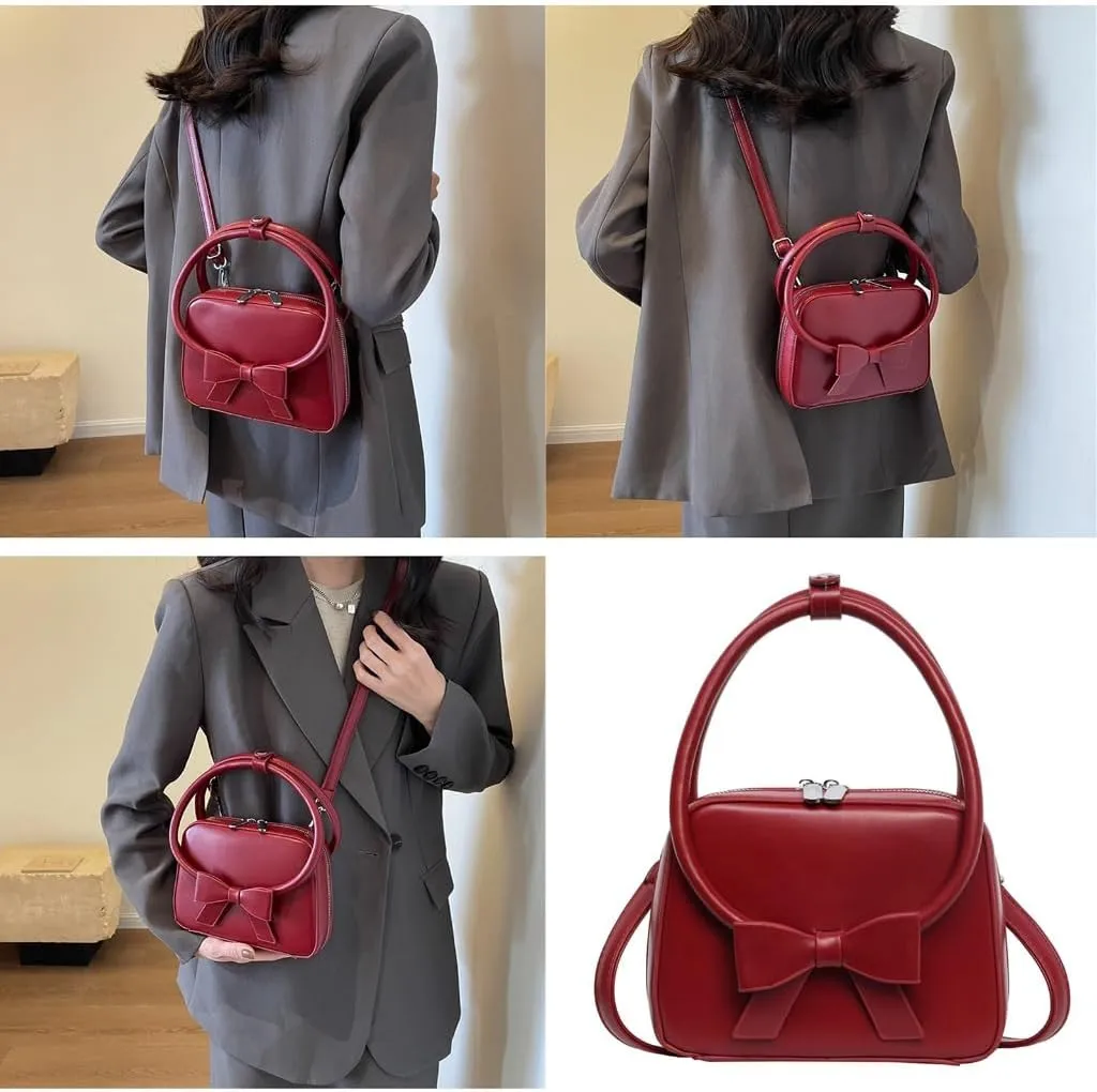 Elegant Crossbody Bag for Women Fashionable PU Leather Bowknot Shoulder Purse Top Handle Handbag with Adjustable Strap
