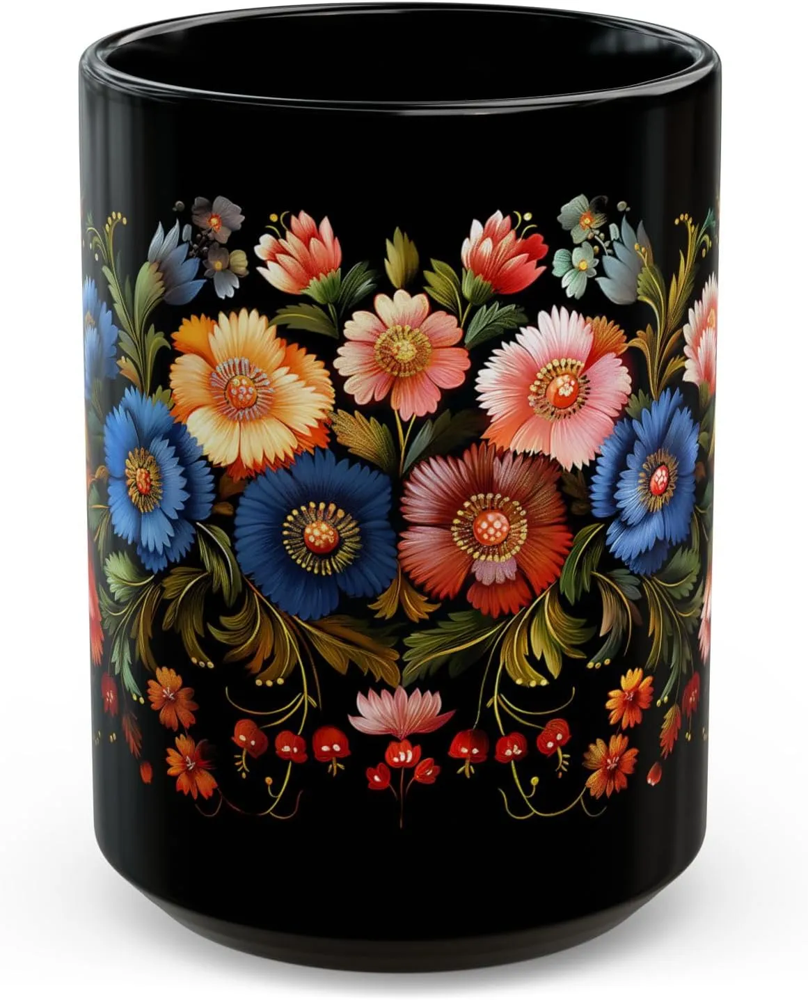 ElegantlySimple Pavlovo Posad Carnations Coffee Mug, Vintage Russian Lacquer Painting Style Black Tea Cup