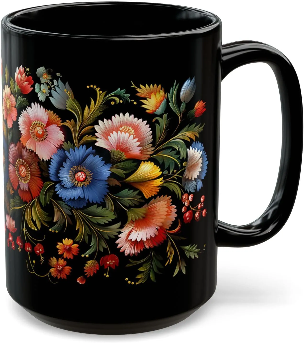 ElegantlySimple Pavlovo Posad Carnations Coffee Mug, Vintage Russian Lacquer Painting Style Black Tea Cup
