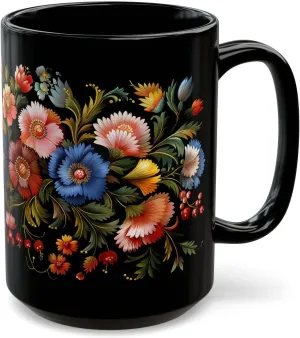 ElegantlySimple Pavlovo Posad Carnations Coffee Mug, Vintage Russian Lacquer Painting Style Black Tea Cup