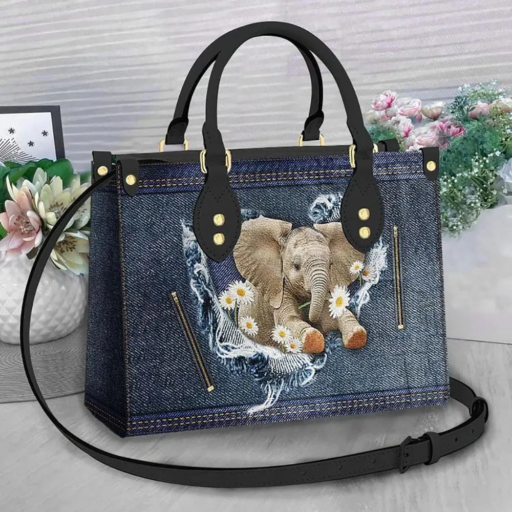 Elephant Leather Bag for Women, Cute Elephant Handbags Crossbody Purse Ladies Chic Satchel Shoulder Bag with Removable Strap, Flower Elephant Gift Idea for Girl Sister Friend Mom (Denim, 11.6"x8.3")