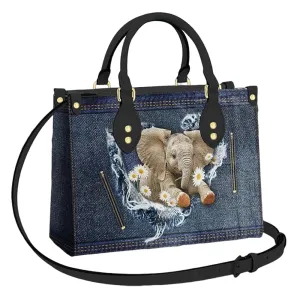 Elephant Leather Bag for Women, Cute Elephant Handbags Crossbody Purse Ladies Chic Satchel Shoulder Bag with Removable Strap, Flower Elephant Gift Idea for Girl Sister Friend Mom (Denim, 11.6"x8.3")