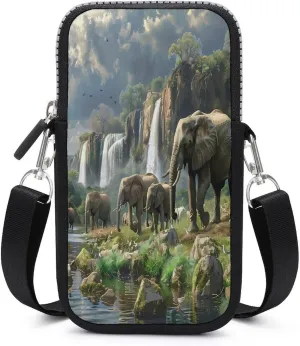 Elephants Walking Along Edge River Small Crossbody Bags Cell Phone Purses Travel Pouch Shoulder Bag for Women Men