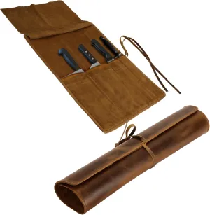 ELIZO Leather Knife Roll Bag Professional Chef Knife Case, Durable Knife Sheath Holder, Cooks & Culinary Tools Carrying Storage, Portable Knife Wrap - 4 Slots
