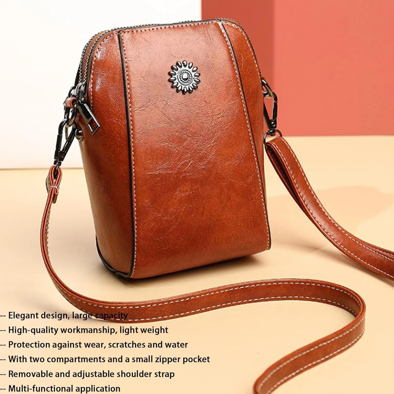 Elmyse Crossbody Bag Leather, Retro All-Match Vertical Cellphone Bag, Leather Crossbody Bags for Women