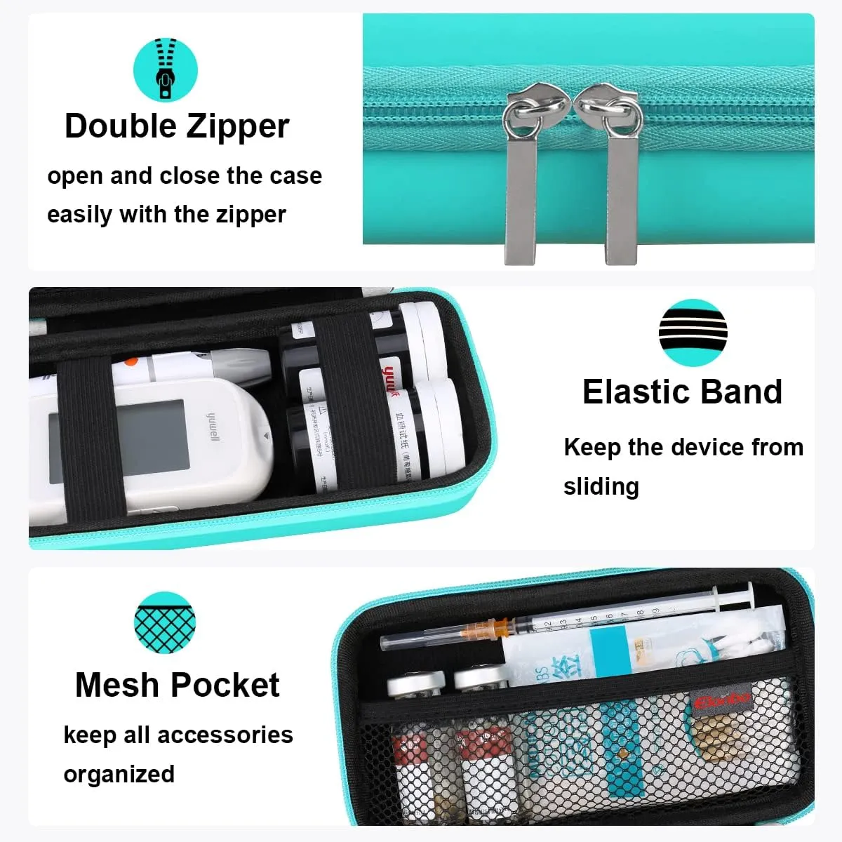 Elonbo Diabetic Supplies Travel Case, Diabetic Supply Organizer Bag, Glucose Meter Storage Case, Insulin Pen Carrying Case for Glucose Monitor, Blood Sugar Test Strips, Lancets, Syringe, Green
