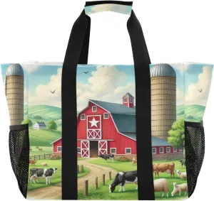 Emelivor Cows Barn Green Large Tote Bag Canvas Travel Beach Diaper Bag Waterproof Pool Laundry Grocery Bags Handbags for Women Men Gym Vacation Shopping