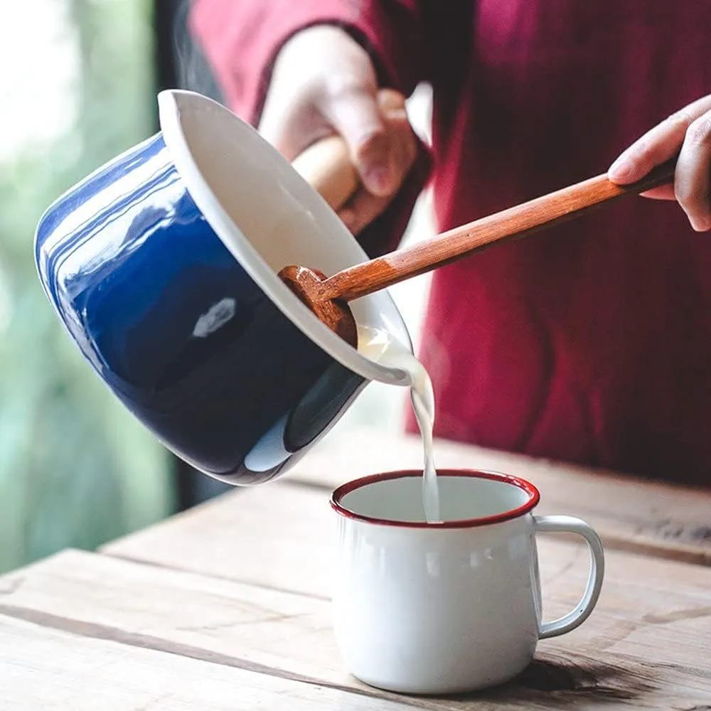 Enamel Milk Pan with Dual Pour Spout Butter Warmer Milk Pot for Stove Top Healthy White Enameled Inside Coating Iron 1QT Small Soup Pot with Wooden Handle (Blue)