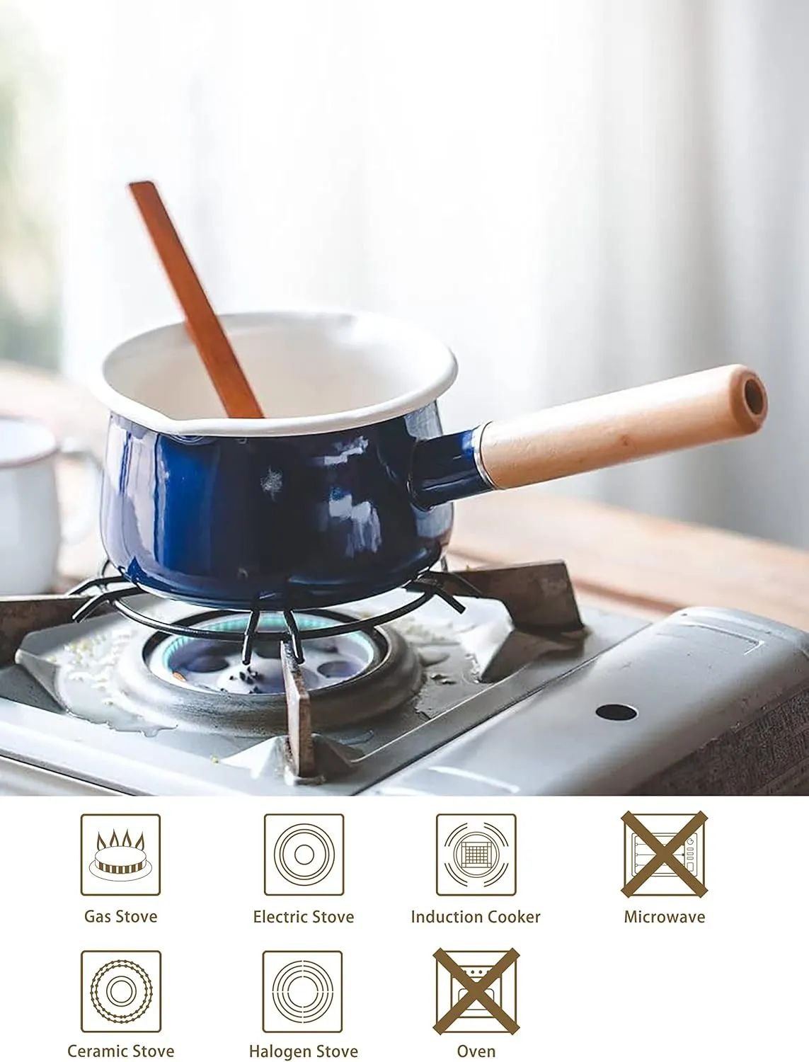 Enamel Milk Pan with Dual Pour Spout Butter Warmer Milk Pot for Stove Top Healthy White Enameled Inside Coating Iron 1QT Small Soup Pot with Wooden Handle (Blue)