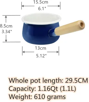 Enamel Milk Pan with Dual Pour Spout Butter Warmer Milk Pot for Stove Top Healthy White Enameled Inside Coating Iron 1QT Small Soup Pot with Wooden Handle (Blue)