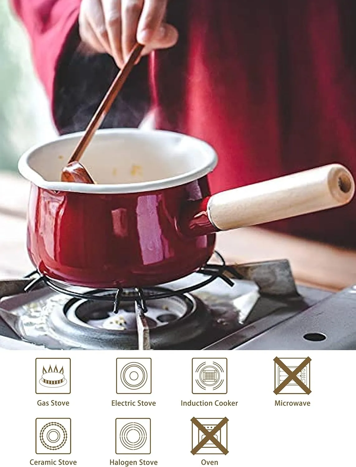 Enamel Milk Pan with Dual Pour Spout Butter Warmer Milk Pot for Stove Top Healthy White Enameled Inside Coating Iron 1QT Small Soup Pot with Wooden Handle (Red)