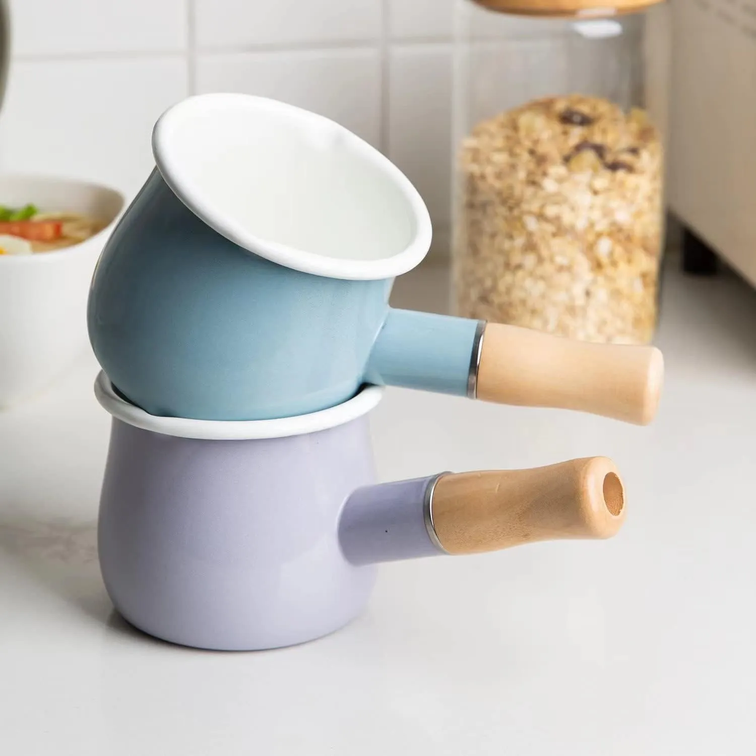 Enamel Milk Pot, Butter Warmer Non-stick Mini Saucepan, 4 Inch 17 Oz Small Cookware with Wooden Handle(Purple)