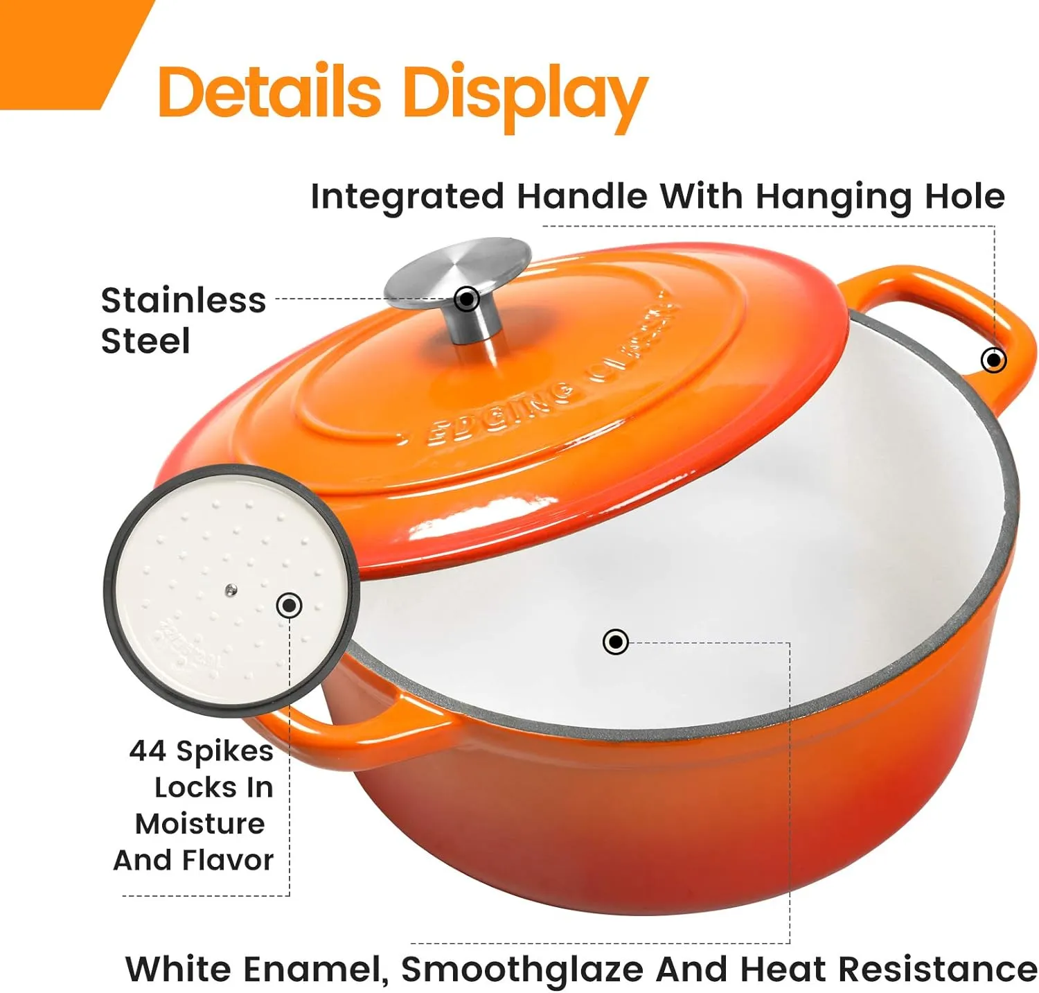 Enameled Cast Iron Covered Dutch Oven with Dual Handle, 2.8 Quart, Orange