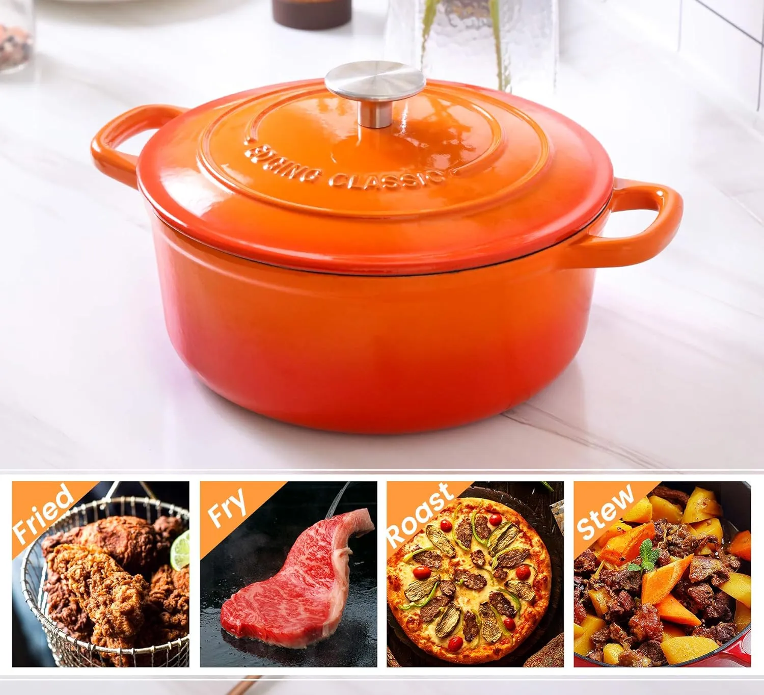Enameled Cast Iron Covered Dutch Oven with Dual Handle, 2.8 Quart, Orange